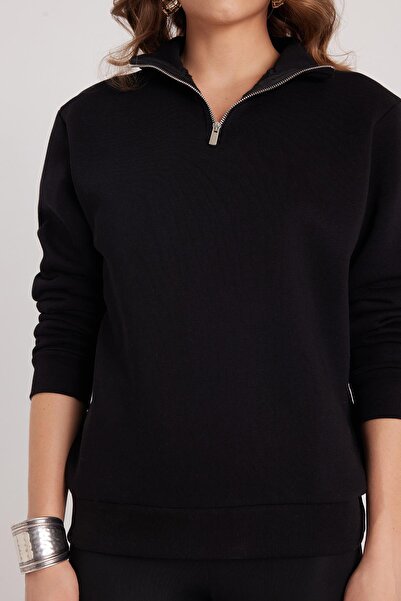 Tudors Kadın Relax Fit Rahat Kesim Pamuklu İçi Polarlı Yarım Fermuarlı Siyah Dik Yaka Sweatshirt