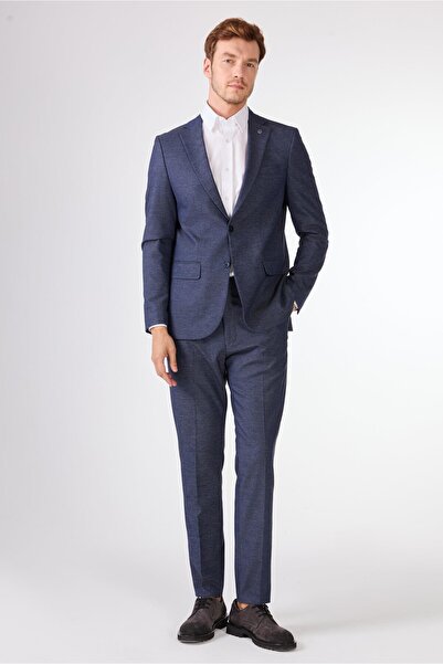 Dufy Lacivert Örgü Armürlü Slim Fit Casual Takım Elbise