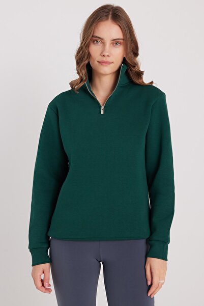 Tudors Γυναικείο φούτερ με ψηλό γιακά με μισό φερμουάρ, άνετο βαμβακερό εσωτερικό φλις, χακί χρώματος