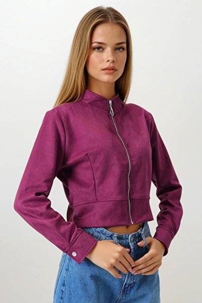 VAGGON Women's Burgundy Zippered Judge Collar Suede Textured Short Jacket Vs00855