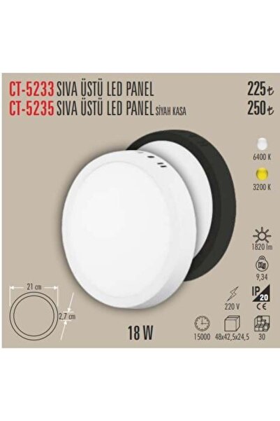 Cata 18W Led Panel - Günışığı Işık (3200K) - Siyah Kasa - Yuvarlak - Sıva Üst...