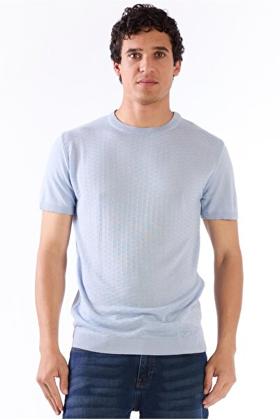 Dufy Buz Mavisi O Yaka Düz Renk Kısa Kollu Slim Fit Triko Tshirt
