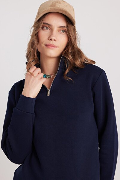 Tudors Γυναικείο φούτερ με ψηλό γιακά με μισό φερμουάρ, άνετο βαμβακερό εσωτερικό φλις, χαλαρή εφαρμογή, σκούρο μπλε