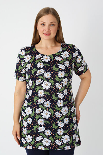 İntensive Women's Plus Size Patterned Short Sleeve Cotton T-Shirt