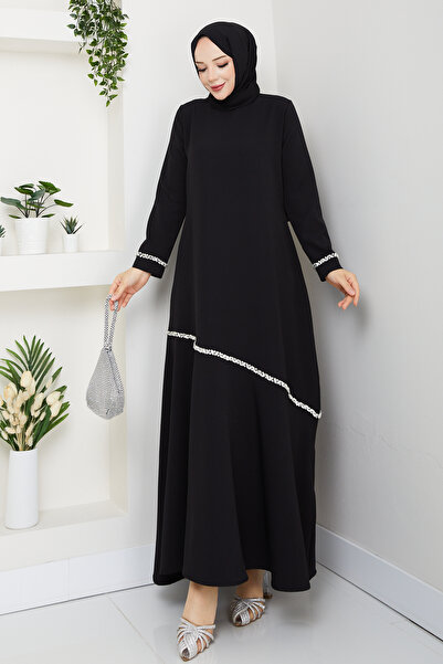 modapark.ist Γυναικείο βραδινό φόρεμα με πέτρα κεντημένο με χρώμα μαργαριτάρι