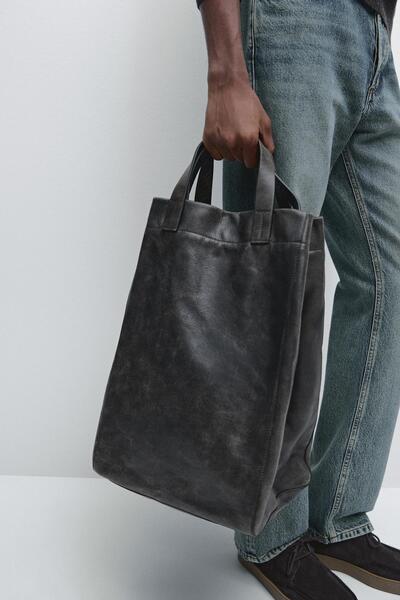 Massimo Dutti Çatlak efektli napa deri tote çanta