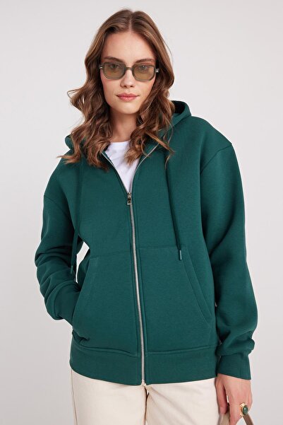 Tudors Γυναικείο φούτερ με κουκούλα με φερμουάρ, πράσινο, με διπλή τσέπη, από βαμβακερό φλις εσωτερικά, άνετο και χαλαρό