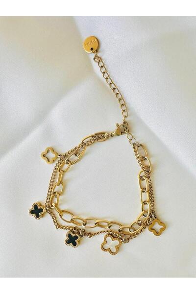 Haziran إكسسوار سلسلة مزدوجة على شكل برسيم، سوار نسائي من الفولاذ باللون الذهبي