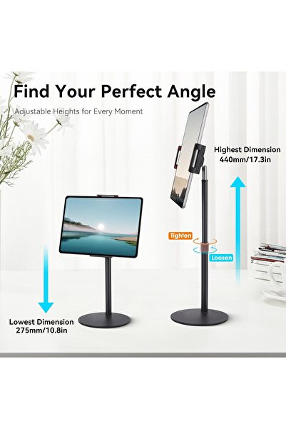 Coverzone Tablet Standı - 360° Döner, 90° Ayarlı, 44cm Yükseklik, Alüminyum Alaşım, 14 inç’e Kadar J2