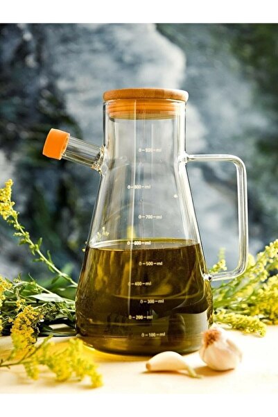 Tasarım Evi وعاء زيت فردي من زجاج البورسليكات بسعة 900 مل، وعاء زيت مع غطاء من الخيزران المفرغ