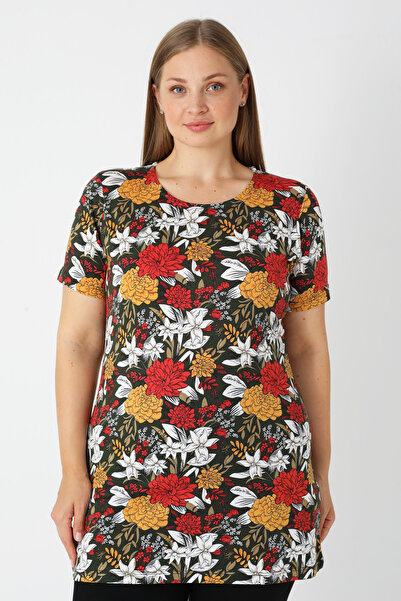 İntensive Khaki Patterned Short Sleeve Women's Plus Size Cotton T-Shirt
