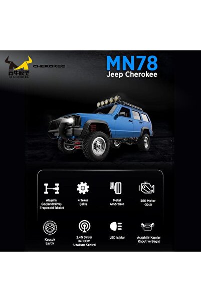 MN Model MN78 1/12 Jeep Cherokee 4x4 RC Model Crawler Offroad Truck Uzaktan Kumandalı Araba RTR Mavi