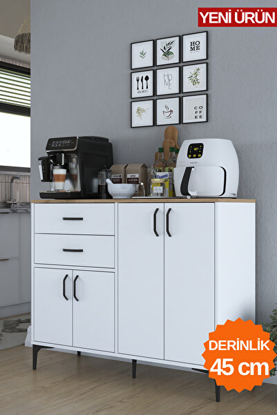 Rani Mobilya Rani JE210 Kahve Köşesi Çok Amaçlı Dolap 4 Kapaklı Çekmeceli Kiler Mutfak Dolabı Beyaz - Sepet Ceviz