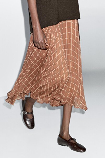 Massimo Dutti Kareli uzun dökümlü etek