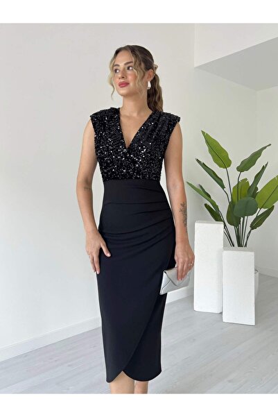 tiamoda Kruvaze Yaka Payetli Elbise