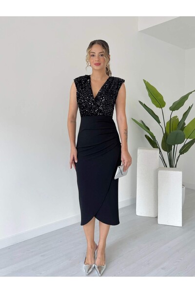 tiamoda Kruvaze Yaka Payetli Elbise
