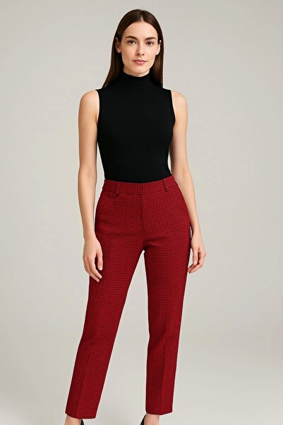 ayakuydur Kadın Kırmızı Ekoseli Kumaş Pantolon