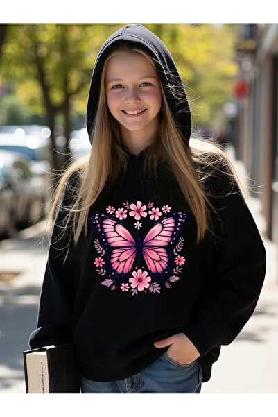 oneagılyazı Зимна суитшърт с качулка, детска, с розов пеперуден принт