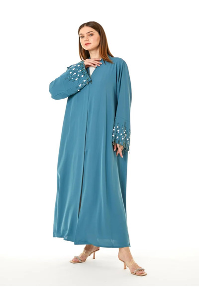 MOiSTREET Blue Linen Embroidered Abaya