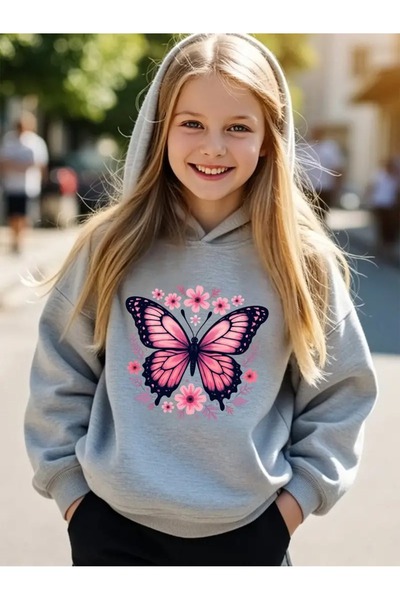 oneagılyazı Зимна суитшърт с качулка, детска, с розов пеперуден принт