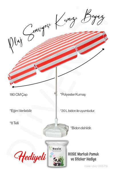 Düvenci Plaj Şemsiyesi Kırmızı Beyaz Renk BİDONLU 180 CM Çap 8 Telli Eğim Verilir ve rosie hediye