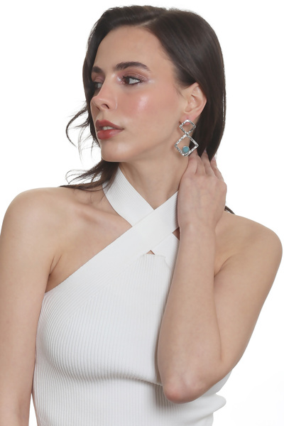 LABALABA Women's Lacquer Silver Color Natural Stone Studded Model Geometric Shaped Handmade Earrings Silver &Turquoise