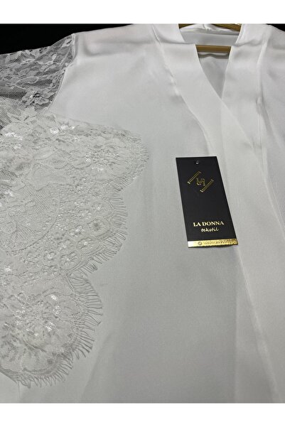 Juwana Women's Chiffon Satin White Lace Detailed Kimono Dressing Gown – Belted and Elegant