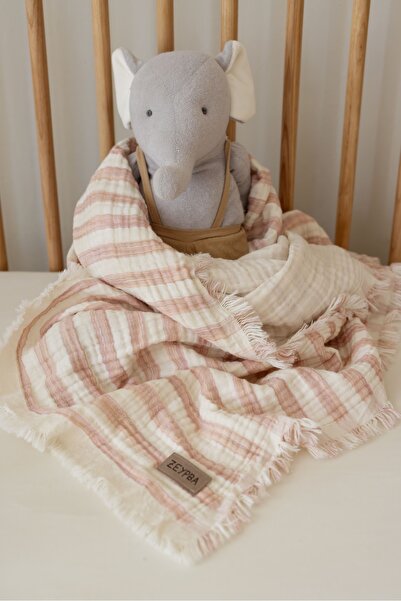 ZEYPBA Pink Striped 4 Layer Muslin with Tassels 4 Layer Muslin 110X110Cm