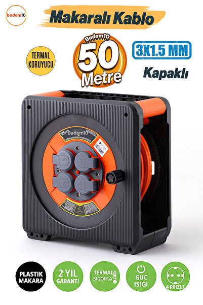 Badem10 Makaralı CCA 3x1.5 mm 50 Mt Uzatma Kablosu Kapaklı 4 Prizli Monofaze ...