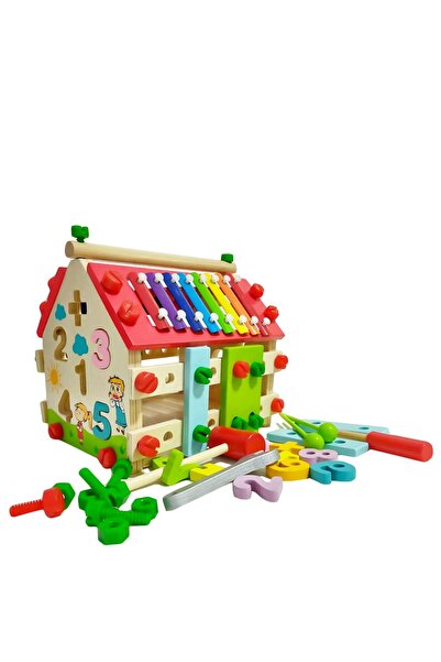 SDX Market Căsuță de joacă multifuncțională din lemn 4 în 1 cu xilofon