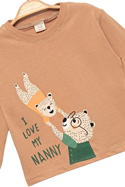 Divonette Tricou unisex bej cu mânecă lungă, 100% bumbac, cu model ursuleț, pentru fete și băieți