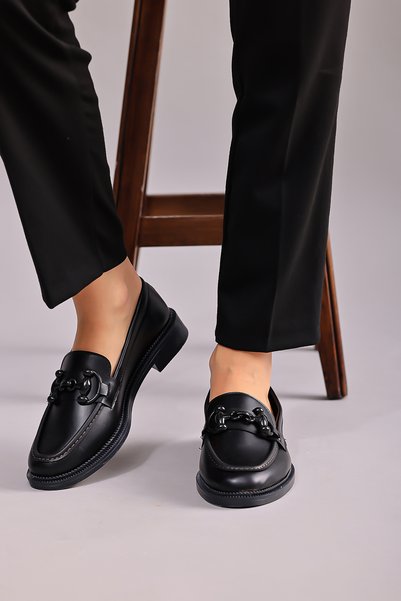 Modafadır Women's Black Loafer Moccasin Casual Black Color Buckle Casual Shoes
