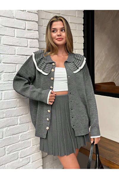 FIRAT kadın Fırfır Yakalı Düğme Detaylı Kadın Ceket Triko Kazak