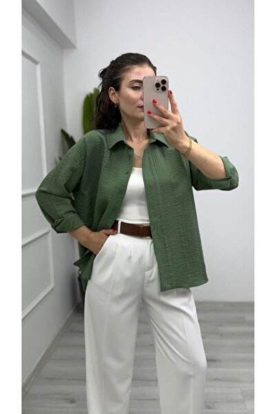 TUNAM BUTİK 1334 Patterned Viscose Shirt Khaki