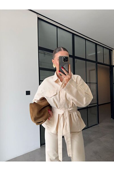 BB Bensu Buyruk SET JACQUETĂ CU BRETELE PANTALONI DENIM BEJ