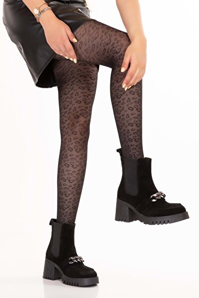 Gondol Hakiki Deri Kalın Topuklu Kauçuk Taban Şık Bot Benna Siyah Süet