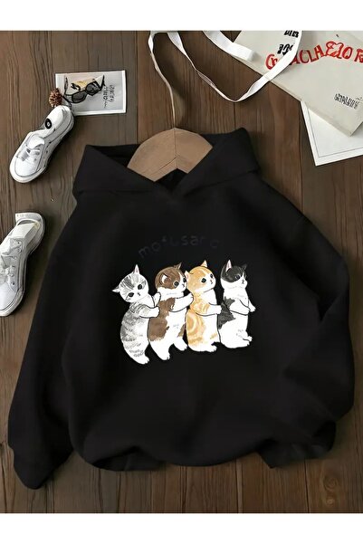 oneagılyazı Зимна суитшърт с качулка, детски принт с котки