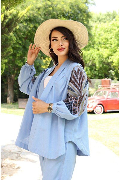 Dadali قصة فضفاضة كيمونو كتان مطرز باللون الأزرق الفاتح