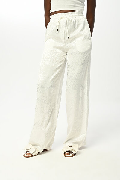 Orfeo Negro Women's Ecru Color Patterned Wide Leg Trousers with Elastic Waist
