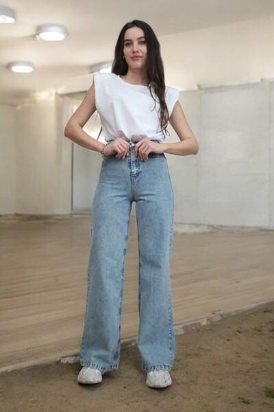 byhaziran butik بنطلون جينز فضفاض مريح من الليكرا عالي الخصر للفتيات المراهقا...