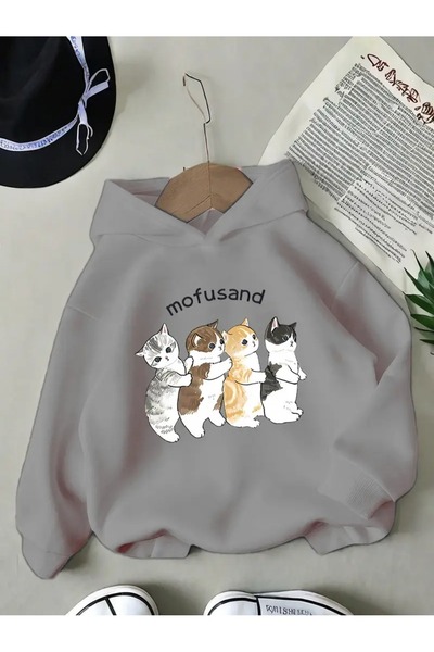 oneagılyazı Winter Hooded Sweatshirt, Children's Standing Cats Printed