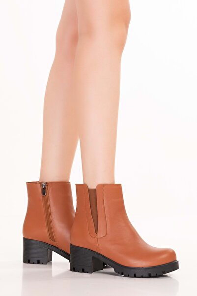 Gondol Genuine Leather Short Ankle Boots with Elastic Ankle Part, Casual Comfortable Boots Benita Tan