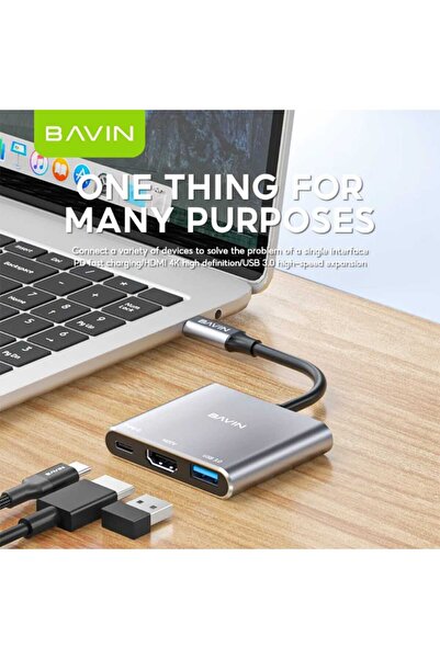 Bavin محول OTG-55 تايب سي 3 في 1 متعدد المنافذ يدعم جودة عرض 4K HD