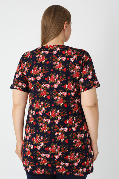 İntensive Navy Blue Floral Patterned Short Sleeve Cotton T-Shirt