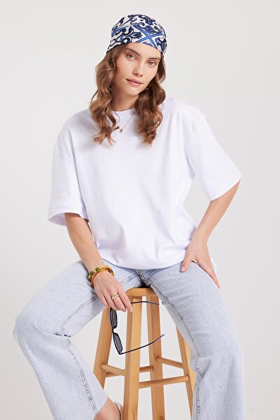 Tudors Γυναικείο μπλουζάκι με φαρδιά κοπή, 100% βαμβάκι, μαλακή υφή, βασικό λευκό μπλουζάκι με λαιμόκοψη