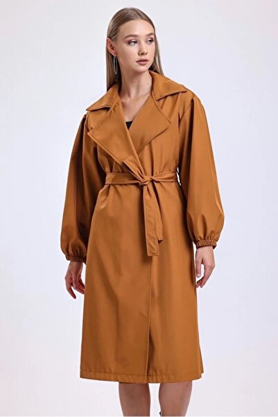 cottonage Women's Double Pocket Balloon Sleeve Belted Trench Coat