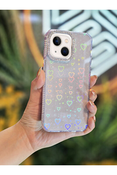 OSG iPhone 13 Ve 14 Uyumlu Işıkta Renk Değiştiren Kalp Desenli Darbe Emici Pr...