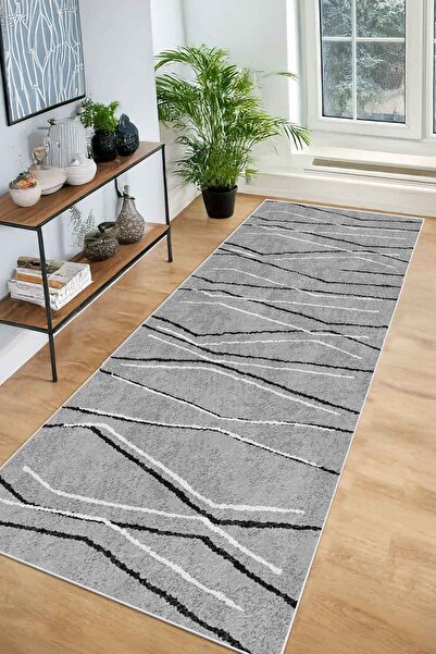 Decomia Home Dijital Kaymaz Yıkanabilir Gri Siyah & Krem Çizgili Salon Halısı...