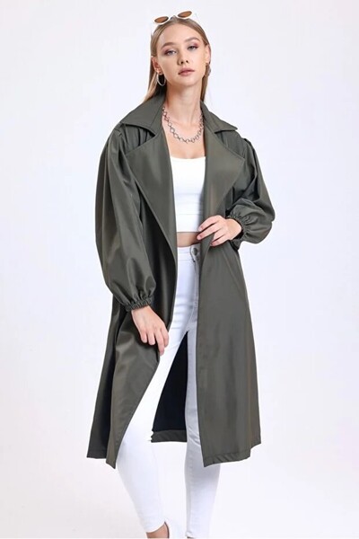 cottonage Women's Double Pocket Balloon Sleeve Belted Trench Coat