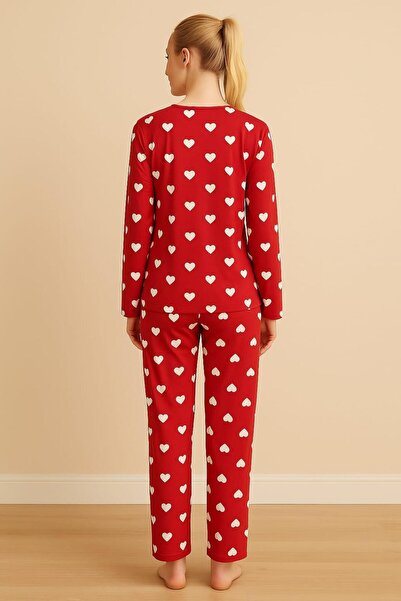 Pemilo Kadın 6026 Uzun Kol Kalp Desenli Pijama Takımı KIRMIZI